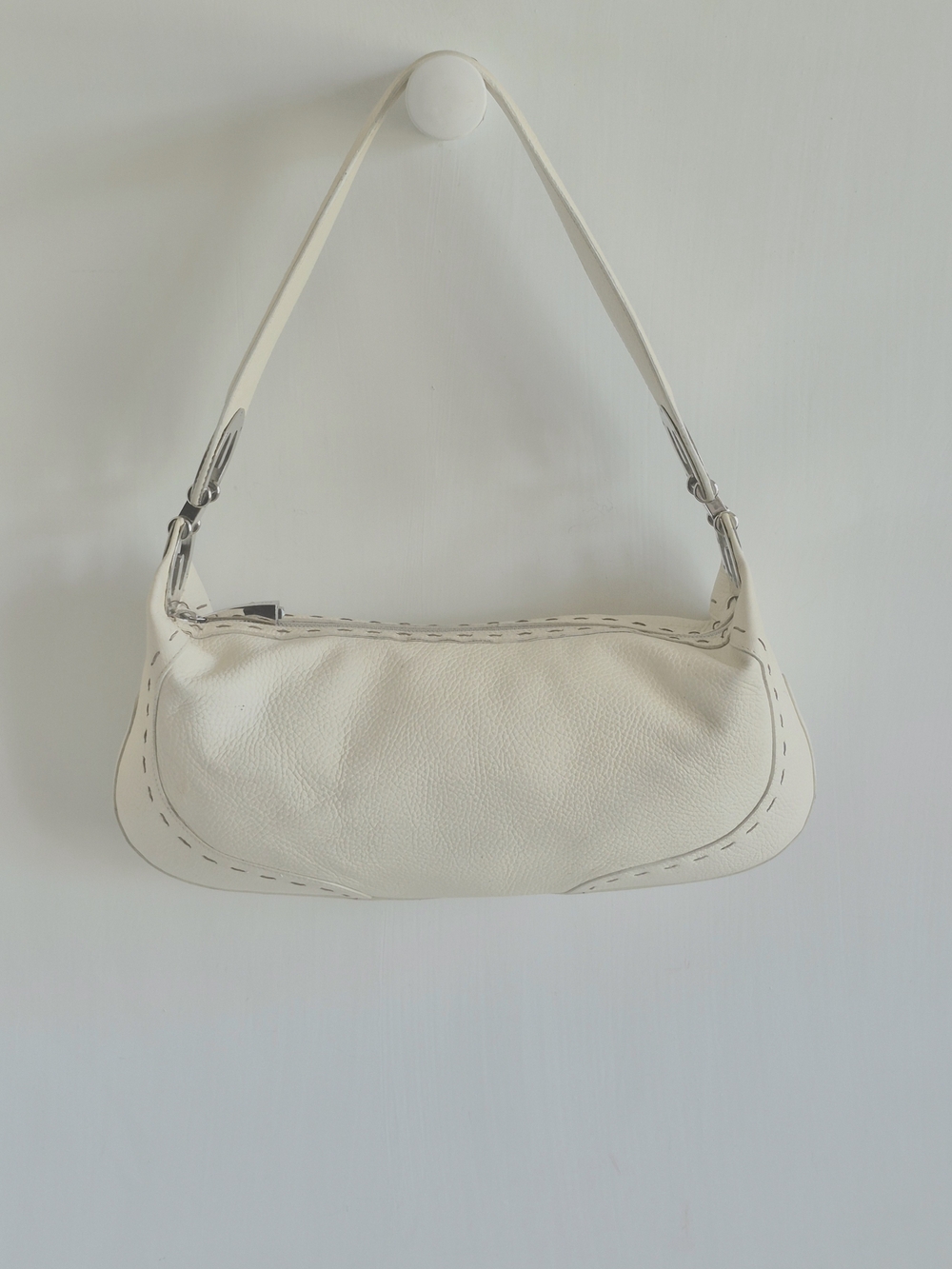 Escada Itaky Cream Pebbled Leather Silver Accents Medium Hobo Shoulder Bag